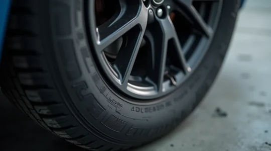 Gros plan photographique sur un flanc de pneu automobile montrant les marquages techniques gravés sur la gomme noire avec texture réaliste