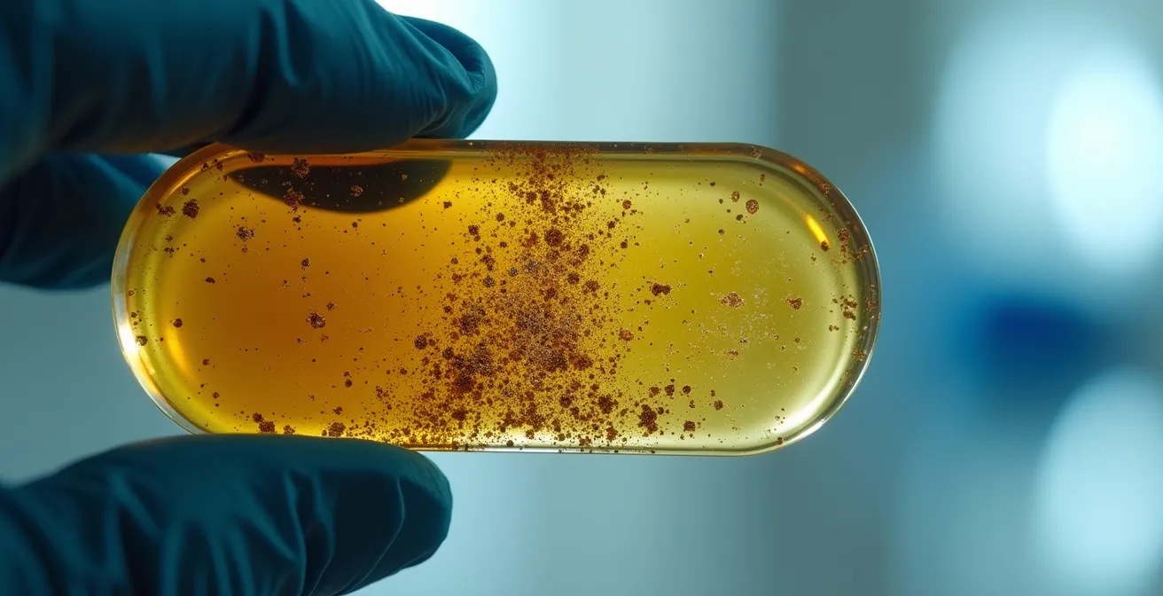 Vue macro de particules dans l'huile moteur usagée