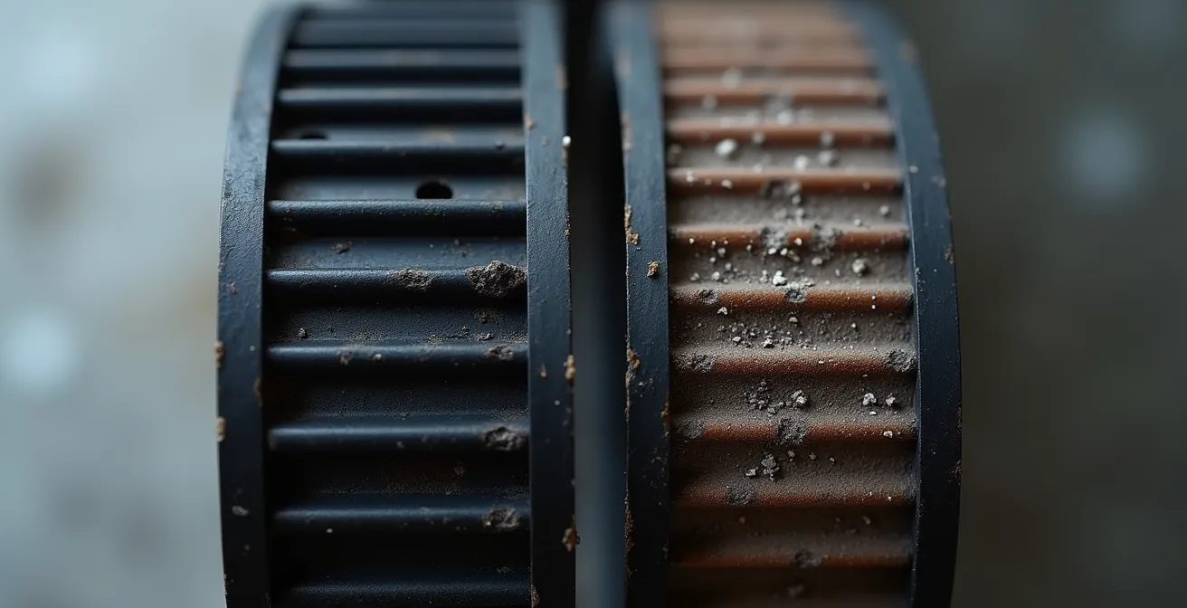 Comparaison visuelle entre courroie neuve et usée