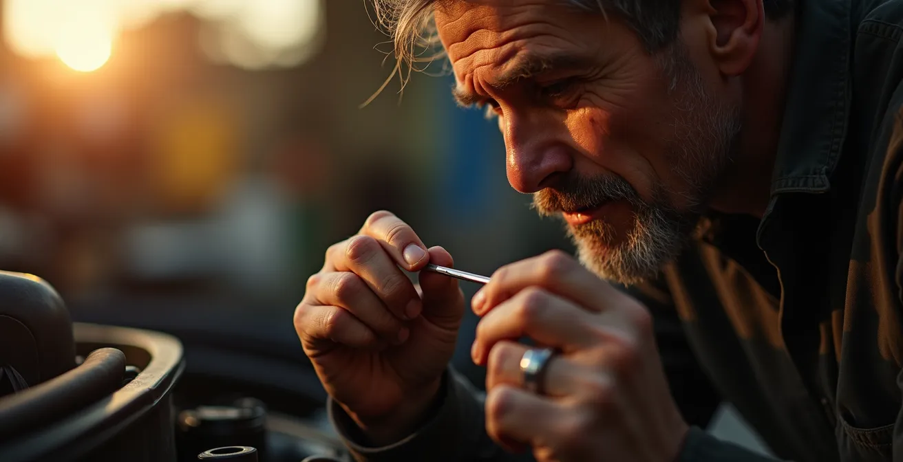 Mécanicien analysant la couleur et texture de l'huile sur une jauge