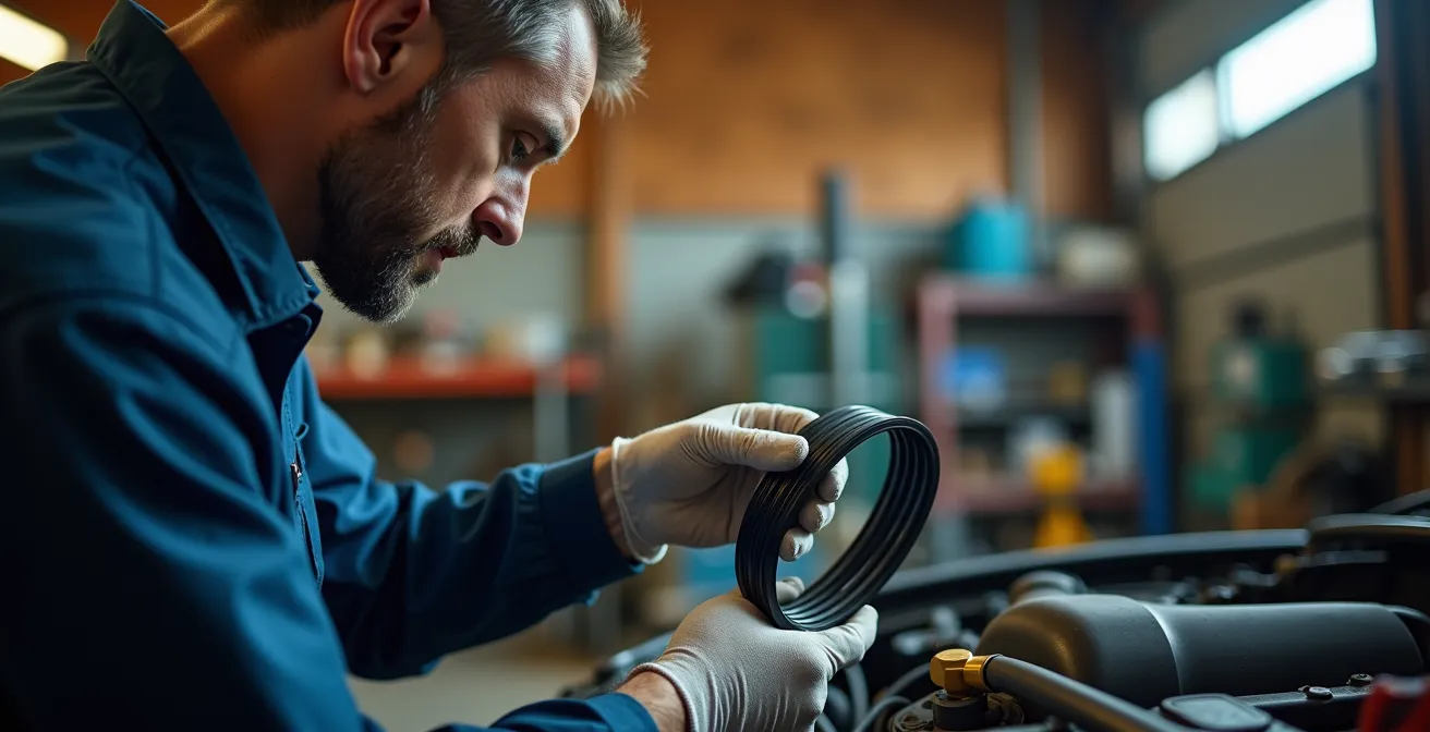 Mécanicien inspectant une courroie de distribution